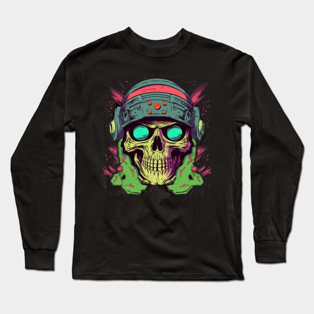 Cyberpunk Sci-Fi Skull with Helmet Long Sleeve T-Shirt by TOKEBI